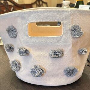 White Fabric Storage Basket with Gray Pom Detail